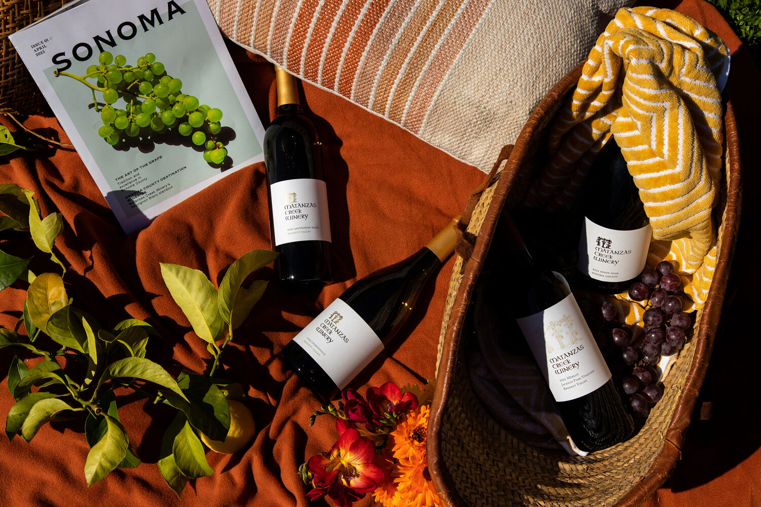 Matanzas Creek Wine bottles on a picnic blanket